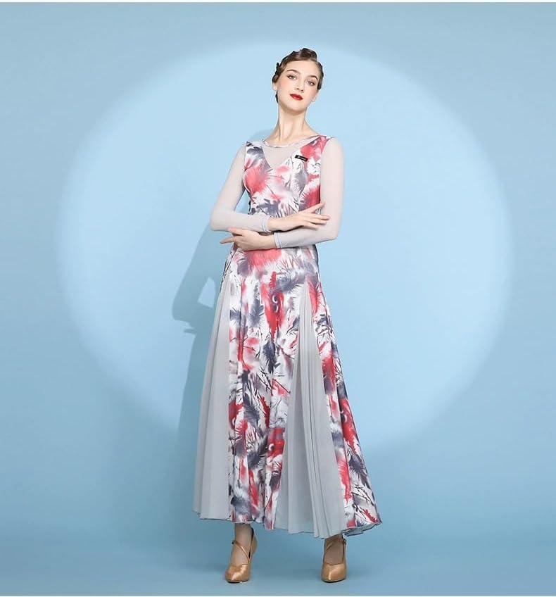 HEARTTOUCH Ballroom Dance Dress Women Modern Waltz Tango Dress Long Sleeve National Standard Dance Costume for Competition