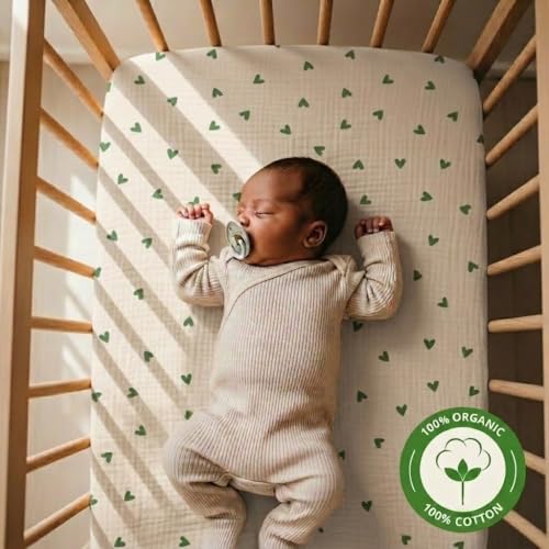 Image of Crib Sheets - Organic Cotton Muslin Fitted Crib Sheet - Standard Size for Baby Boy and Baby Girl 28 inch x 52 inch Ultra-Soft and Breathable. (Green Hearts)