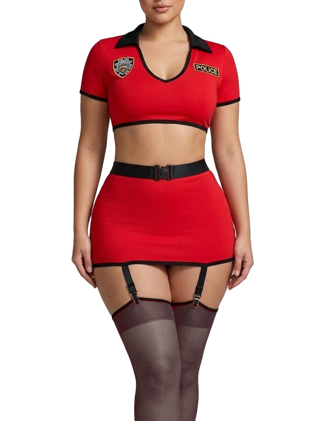 beera Women’s Sexy Red Lingerie Dress Set – Police Costume Outfit with Garters, Mini Skirt, Sheer Stockings, Role Play Uniform for Halloween, Cosplay, Nightwear-picture-35