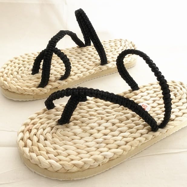 Handmade Straw Sandals Casual Rattan Woven Slipper Massage Shoes Summer Braided Sandals Cosplay Woven Slippers (Rubber Soles,Men 10/ Women 11.5- EU44)3