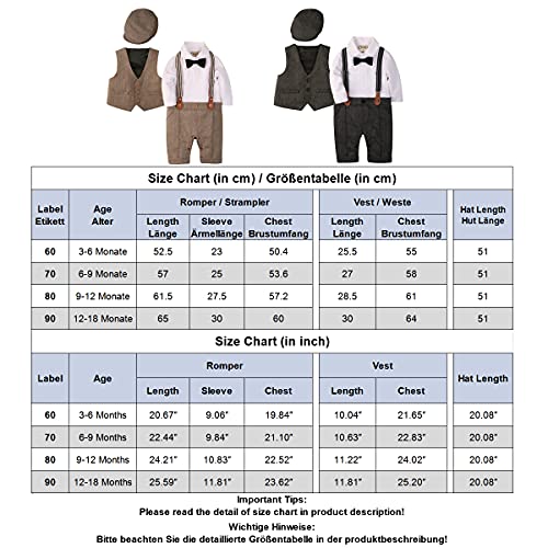 ZOEREA 3 pcs Bébé Garçon Vêtements Définit Combinaisons Barboteuse + Gilet + Chapeau Costume Manteau Gentleman en Coton de Baptême Noël Mariage, Marron, 90 (12-18 mois)