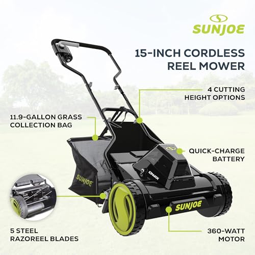 Image of Sun Joe 24V-CRLM15 15-Inch 24-Volt IONMAX Cordless Push Reel Mower w /11.9-Gallon Collection Bag, Kit (w / 4.0-Ah Battery + Charger)