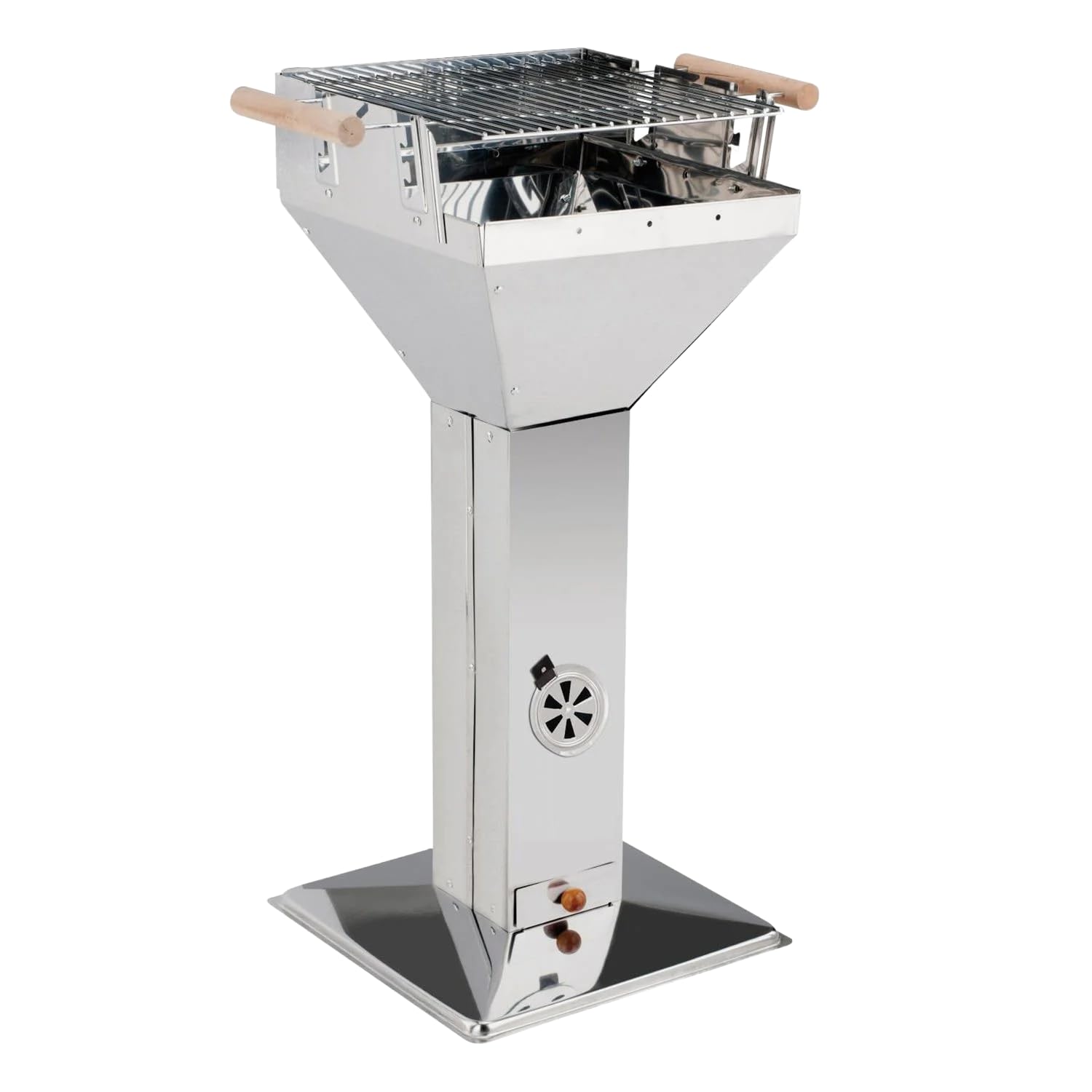 Säulengrill Holzkohle 82 cm Höhe – Holzkohlegrill Edelstahl mit verstellbarem Verchromtem Grillrost 36,5x36,5 cm Standgrill verwendbar als Feuerschale Kohlegrill