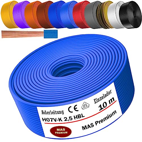 MAS Premium - Cable conductor H07 V-K de 5 a 100 m - 1 x 2,5 mm² SW, HBL, GNGE, RT, DBL, BR, OR, GR, WS, VIO o GE Cable simple flexible (azul claro, 10 m)