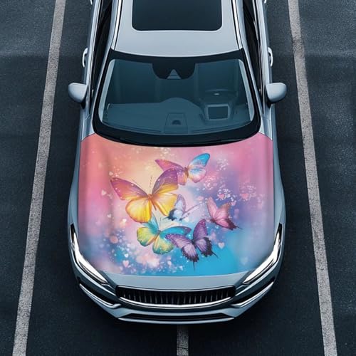 Image of Colorful Butterfly Print Car Hood Cover Stretch Polyester Car Hood Protector Washable Car Decorative Accessories Easy Installation for Women Ladies Cars Sedans SUV