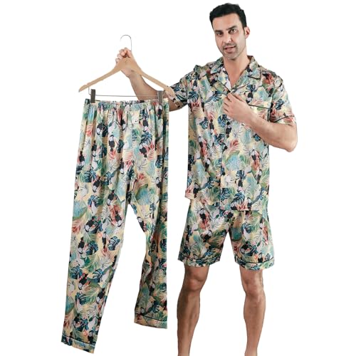 Men's Satin Pajama Set Short Sleeve Silky Pajamas Pants 3PCS Button Down Sleepwear Multicolor Silky Men's Pajama Set