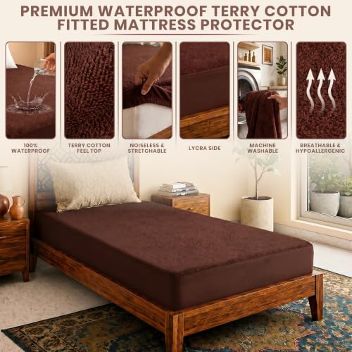 Image of Lithara Terry Cotton Fitted Mattress Protector for Single Bed | Waterproof & Elastic Band | Ultra Soft & Hypoallergenic Mattress Cover | Size : 36 x 72 Inches (3 x 6 Feet) | (Coffee)