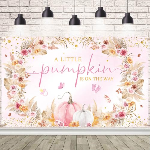 AIBIIN Pumpkin Baby Shower Backdrop for Girl A Little Sweet Pumpkin is On The Way Pink Floral Baby Shower Decorations Fall Autumn Party Decorations Banner Photo Booth Props 70.8 x 43.3 inch