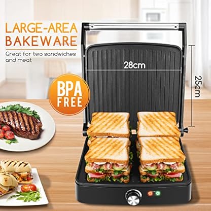 Kontaktgrill/Sandwichmaker/Panini Grill 3 in 1, Antihaftbeschichtete Platten, 1800 W, Elektrogrill mit Temperaturregelung, 180° Flach Offen, Abnehmbare Tropfschale, Anzeigelampe – Bild 4