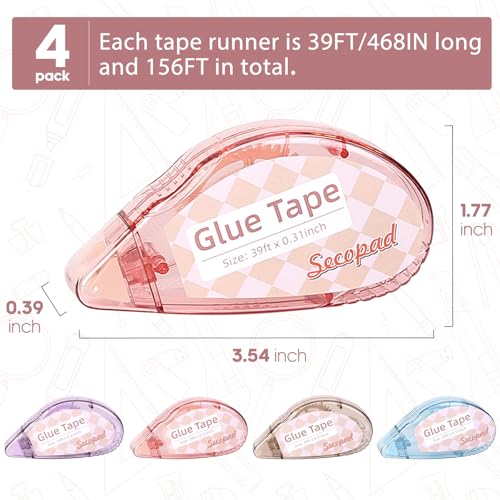 Image of Secopad Scrapbook Tape, 0.3IN x 39FT Double Sided Tape Roller for Crafts, Adhesive Glue Runner Scrapbooking Supplies Journaling School Office Supplies for Kids and Adults, 4 Pack