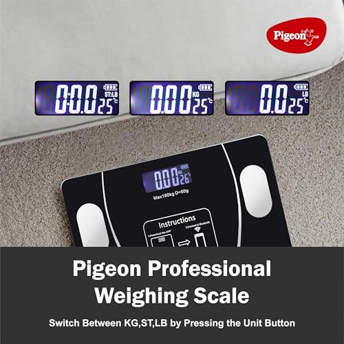 Image of Pigeon Ivory Smart BMI Weighing Machine for Body Weight with 18 Body Parameters Sync with Mobile App, Body fat Analyzer Machine, Weighing Scale with LCD Display, 36 Months Warranty, Black, 180 Kg