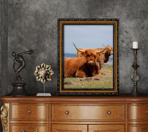 Image of Black Picture Frames 11x14 Vintage Picture Frame Wood | Real Glass, Matted 9x12 or 11 x 14 Photos, Easy Photo Changes, Wall Hanging