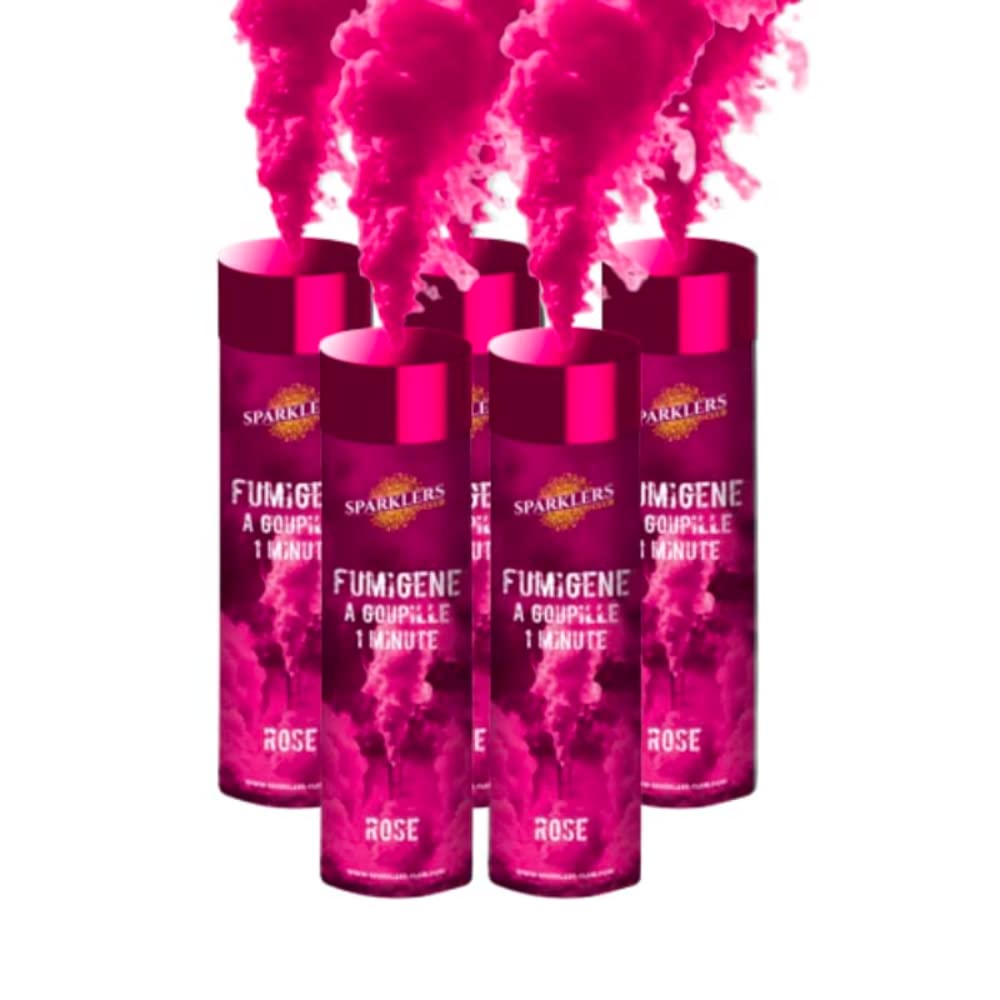 SPARKLERS CLUB Lot de 5 Fumigènes a Main 1 MINUTE couleur Rose - Déclenchement à Goupille, durée 60 secondes, fumigene couleur à tenir en Main - fumigene a main - Catégorie F1 - LIVRAISON 24/48H