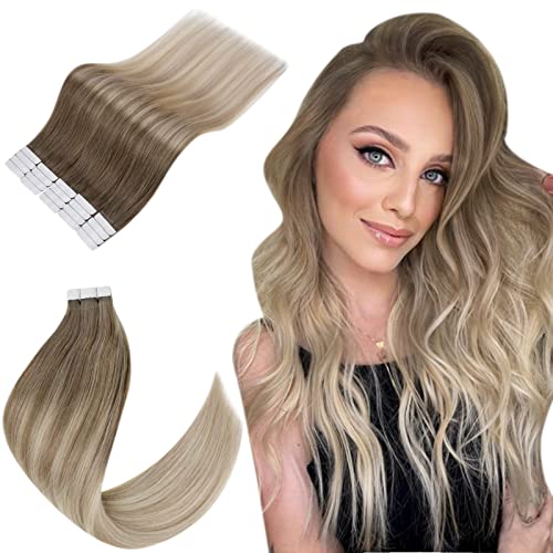 Easyouth Extension Bande Adhesives Remy Hair Extention Cheveux Naturelles Adhesif Balayage Brun a Platine avec Blond Cendré Foncé Extension Adhesives #8/18/60 14pouces 40g 20Pcs