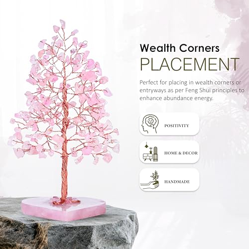 Image of Crocon Crystal Heart Base Tree of Life Gift for Women, Rose Quartz 7-8 inch | Healing Crystals Tree Brings Positive Energy, Good Luck, Money, Feng Shui Home & Office Desk Decor, for Mom & Wife Present