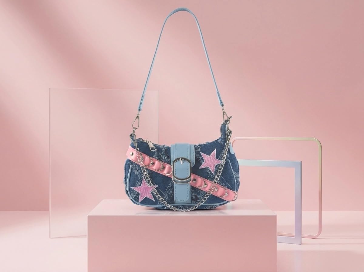 Cute Y2k Purse Denim for Women, Star Embroidery Pattern Denim Purse with Chain Strap Shoulder Bag, Cute Mini Jean Purse - Image 3