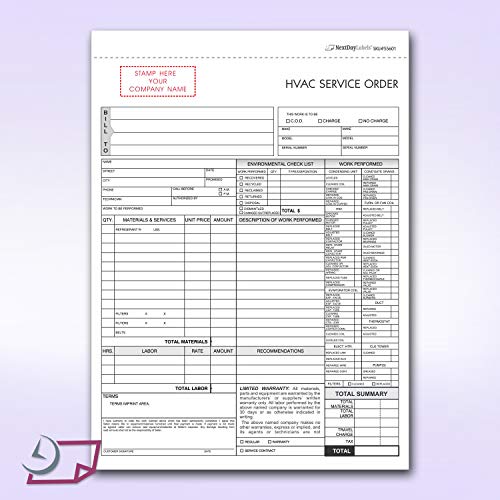 Hvac Service Order Invoice & Repair Detail Form, 3 Part Carbonless (100 Sets) Letter Size Forms #TOP1