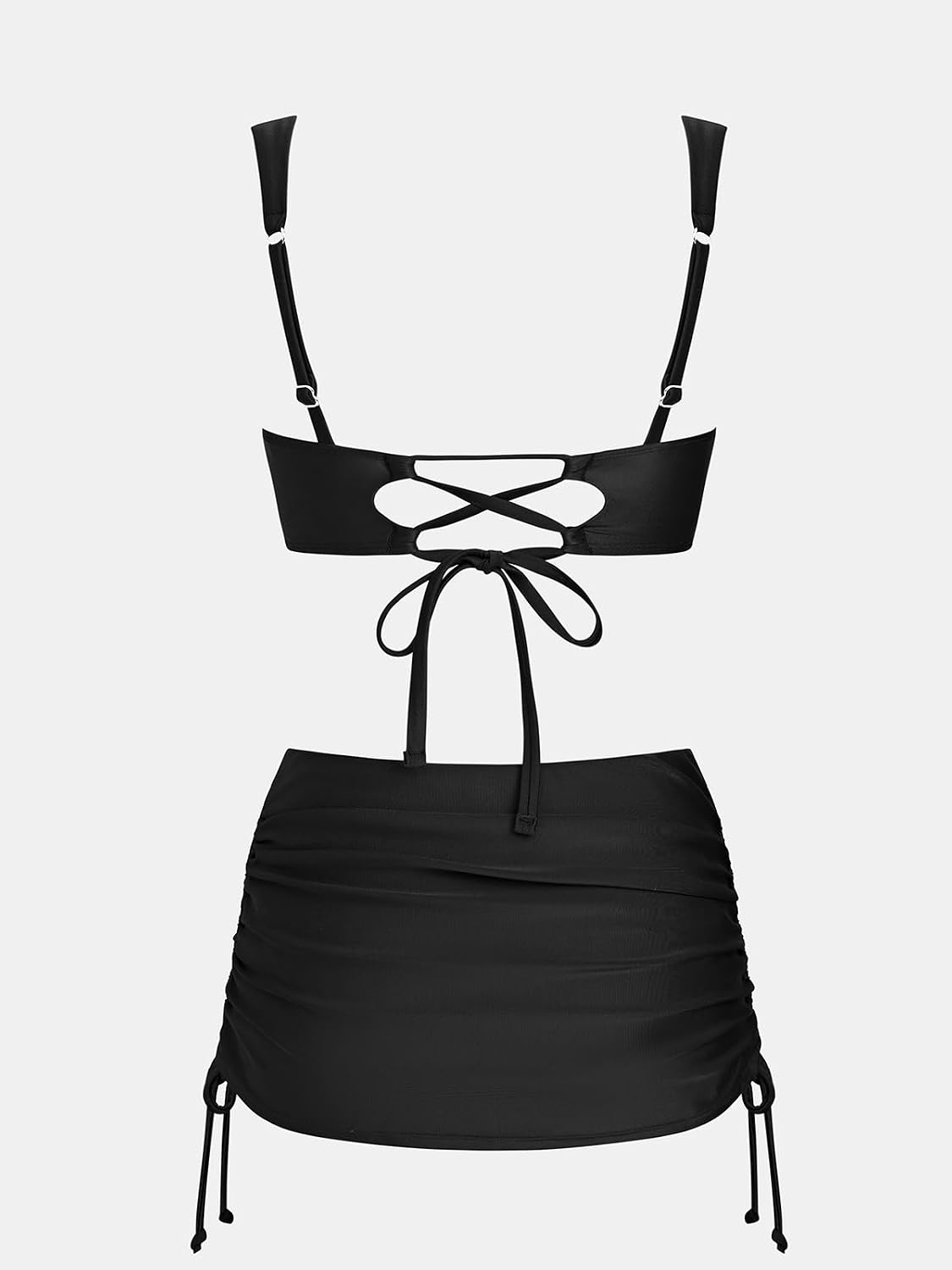 CUPSHE Women's Bikini Sets Two Piece Bathing Suit with Swim Skirt | Side Drawstrings, Lace Up Back, Square Neck Bandeau, Adjustable Wide Straps, Removable Soft Cups, Mid Rise, Standard Coverage