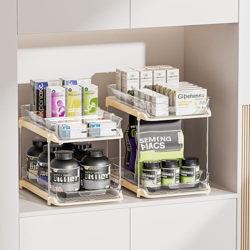 Delamu 2 Sets of 2-Tier Multi-Purpose Bathroom Under Sink Organizers and Storage, Stackable Kitchen Pantry Organization, Pull Out Medicine Cabinet Organizer with 8 Movable Dividers, Beige