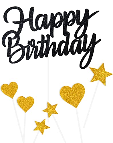 Decoration Gateau Anniversaire, Noir Or Homme Femme, Décoration Gâteau, Topper Happy Birthday, Cupcake Topper, Decor Gâteau Happy Birthday Coeurs Étoiles pour Fête Anniversaire Fille Garcon