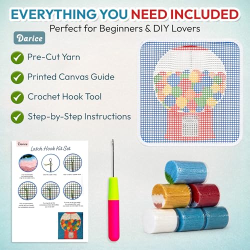 Image of Darice Latch Hook Rug Kit, Gumball Machine Design DIY Latch Hook Kit for Kids & Adults, Color Canvas, PreCut Yarn & Hook Tool, Craft Activity & Gift for Kids
