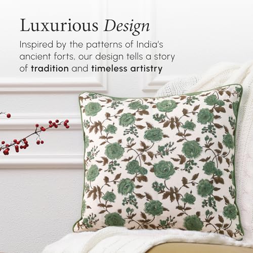 CPC 100% Cotton Throw Pillow Covers 18x18 Inch, Set of 2 Green Block Print Pattern Couch Pillow, Cute Boho Decorative Pillows for Living Room, Bedroom with Hidden Zipper- Moss Green
