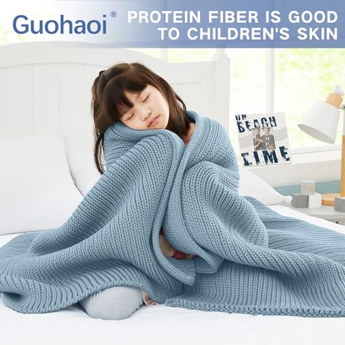 Guohaoi Knitted Weighted Blanket for Adults (Haze Blue 60"x80" 15lbs) No Beads Cooling Throw Blanket for Hot Sleepers, Home Decor Breathable Chunky Knit Heavy Blanket Use on Queen/King Size Bed