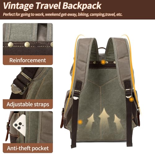 Vintage Leather Canvas Backpack, Waxed Canvas Shoulder Rucksack for Travel Laptop Bag for Business Travel Backpack With Toiletry Bag(Army Green)3