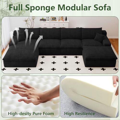 Image of 136 inch Cloud Couch Modular Sectional Sofa for Living Room, U-Shape Boneless Couch with Deep Seat, Modern Corduroy 4-Seater with Ottoman, No Assembly Required (Black,Left-Facing Chaise)