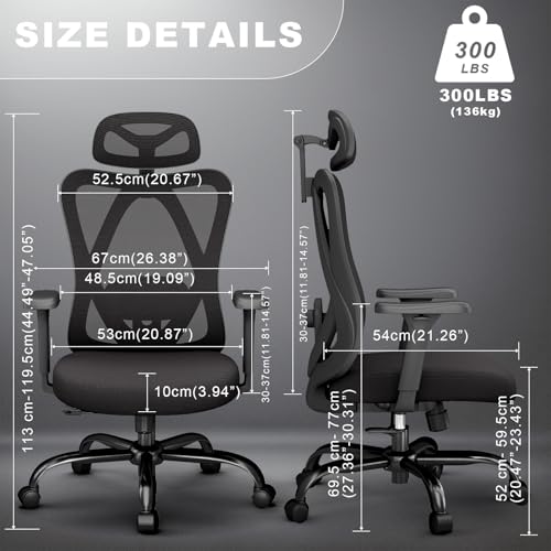 Image of Ergonomic Office Chair with Adjustable Lumbar Support, High Back Mesh Computer Desk Chairs with Armrest and 3D Headrest, 360 Swivel Wheels and Rocking Function, for Home, Office, Black
