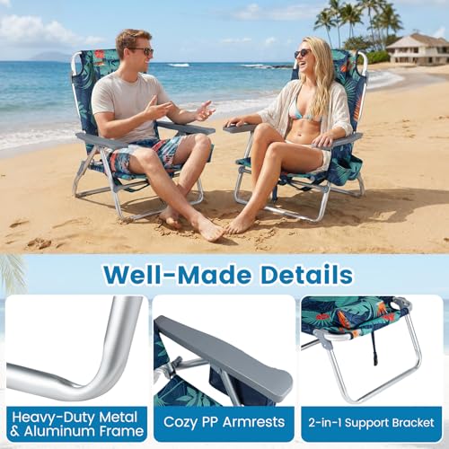 Image of Giantex Folding Beach Chair, Patio Sling Chairs with 5 Adjustable Position, Head Pillow, Storage Bag, Towel Bar, Cup Holders, Backpack Chairs for Sunbathing, Camping Chair