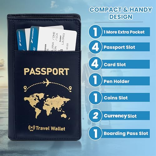 Image of Storite RFID Blocking PU Leather Passport Holder, 23x13.5x3 Cm Blue | Cover Case, Travel Wallet, Document Organiser, Removal Hand Strap, Men & Women