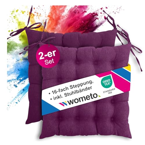 wometo Lot de 2 coussins de chaise avec liens - Certifié Oeko-Tex - 40 x 40 cm - Coton - Violet -...