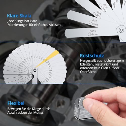 CAMWAY Stainless Fühlerlehren, 32 Klingen Edelstahl Klingen Hochpräziser Fühlerlehre Metrische/Imperial Werkzeug zur Messung für Messung Gap Breite/Dicke/metrisch Größen, 0,04-0,88 mm