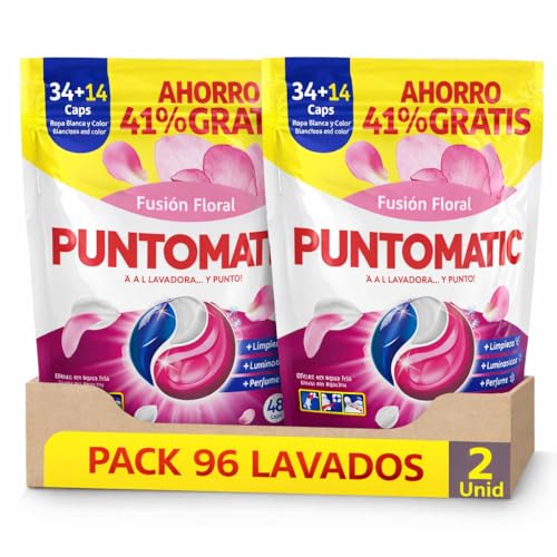PUNTMATI | Fusion Floral 34+14 Detergente Lavadora en Cápsulas Tricámara | Pack de 2 Unidades | Ropa Blanca y de Color, Acción Quitamanchas, Limpieza Profunda y Frescor Duradero