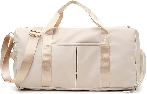 ACEmedia Women's and Men Gym Bag, Workout Bag for Sports and Weekend Getaway, Shoes Compartment &Wet Pocket Gym Duffel Bag Overnight Bag Travel Lightweight (A, Beige)