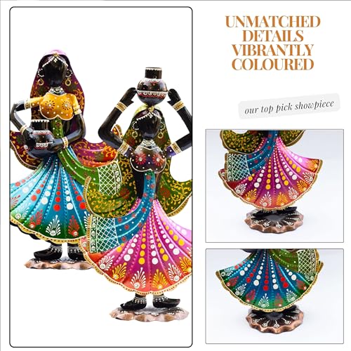 Image of KRAFTSKALA Handcrafted Rajasthani Ethnic Village Girl Dolls Figurine - Set of 2 | Vibrant 16 inch Metal Showpiece for Home Decor | Ideal Gift for Housewarming, Weddings, Diwali
