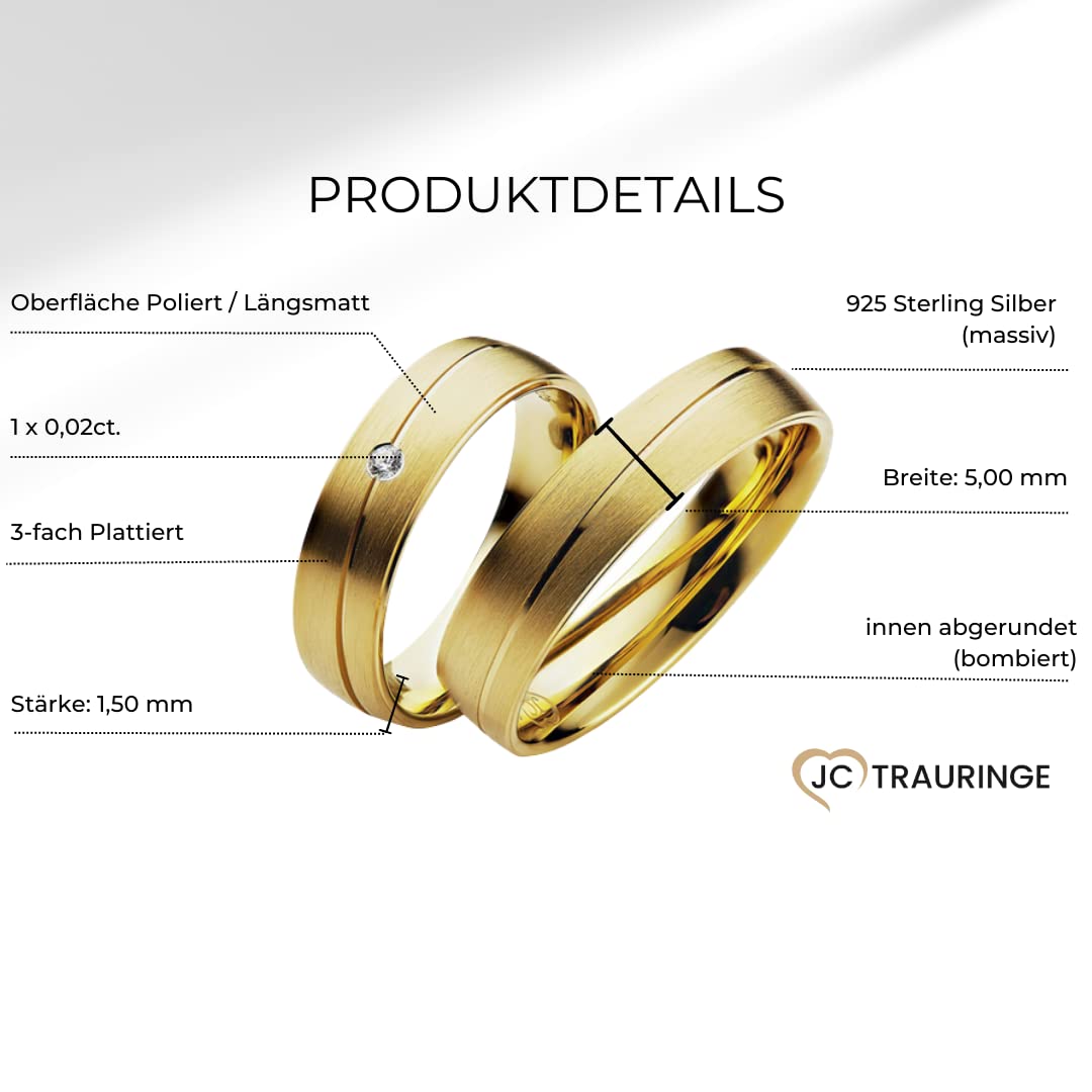 JC Trauringe Silber 925 Paarpreis Eheringe Gold Plattiert I Verlobungsringe breit 5 mm I Partnerringe mit Gravur in edler Schatulle I 2 Hochzeitsringe Herrenring ohne & Damenring mit Stein I P902