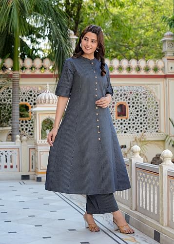 Image of Yash Gallery Women's Cotton Printed A-Line Kurta with Pant Set |Lilac Geometric Print|Mandarin Collar, Front Buttons & Short Roll-Up Sleeves|Casual & Office Ethnic Wear