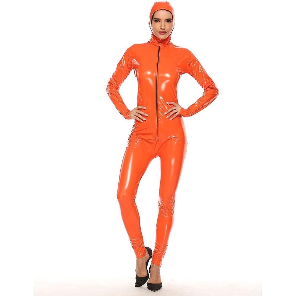 MediasCatsuit De Manga Larga De Cuero De Piel Sintética Para Mujer, Con Cremallera De Manga Larga Metálica, Con Cremallera Mono De Una Pieza,Naranja,XL