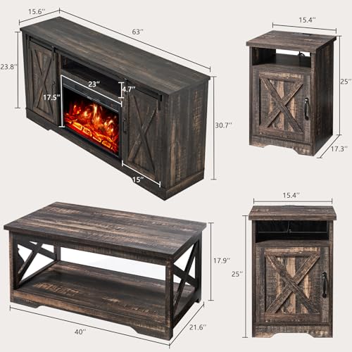 image for AMERLIFE 5-Piece Farmhouse Table Set Includes Fireplace TV Stand, Coff