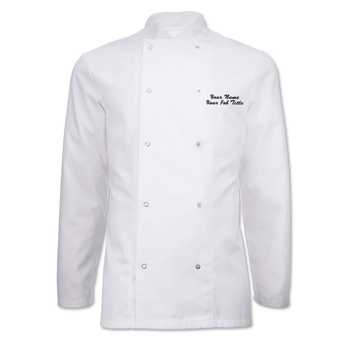 Workwear World Personalised Essential Value Unisex Long Sleeve Stud Fastening Chef Jacket with Custom Embroidered Name (S, White)