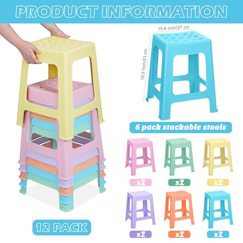 Image of TURSTIN 12 Pack Plastic Stools 16.9 Inch 6 Macaron Colored Nesting Stools Portable Backless Bar Stool Flexible Seating Chairs for Classroom Office Home