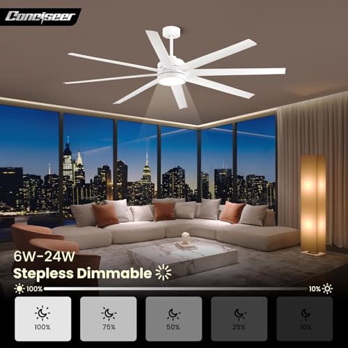 Image of Modern Ceiling Fans with Lights, 72 Inch Ceiling Fan with Remote for Bedroom Living Room Kitchen Library Cafe Outdoor /Industrial Use,24W 6CCT 8 Blades 6 Speed Reversible Quiet DC Motor, White