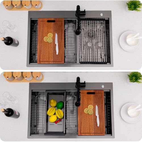 Image of 33 Inch Drop in 60 /40 Double Bowl Kitchen Sink Black, 33x22 Inch Gunmetal Black Drop In Kitchen Sink Ledge Workstation 16 Gauge Stainless Steel Topmount Dual Basin with Cutting Board