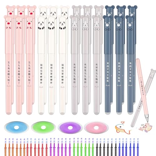 SJUNJIE 24 Stylo Effacables 0,5mm Stylos Effaçables Papeterie Kawaii avec 48 Recharges et 4 Gommes Animaux Stylo Kawaii pour Apprendre à Écrire Etudiants École Fourniture Bureau