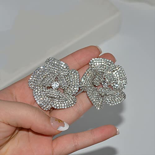 Crystal Flower Stud Earrings For Women Girls Silver Plated Exaggerated Clear Crystal Cluster Wedding Statement Earring Elegant Birthday Christmas Anniversary Party Jewelry Delicate Gifts #TOP2