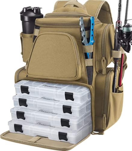 Image of Piscifun Fishing Tackle Backpack with 2 Rod Holders, 4 Boxes & Rain Cover | Multi-pocket storage, fits 3600 /3700 trays, bottle holder, padded straps for bank fishing