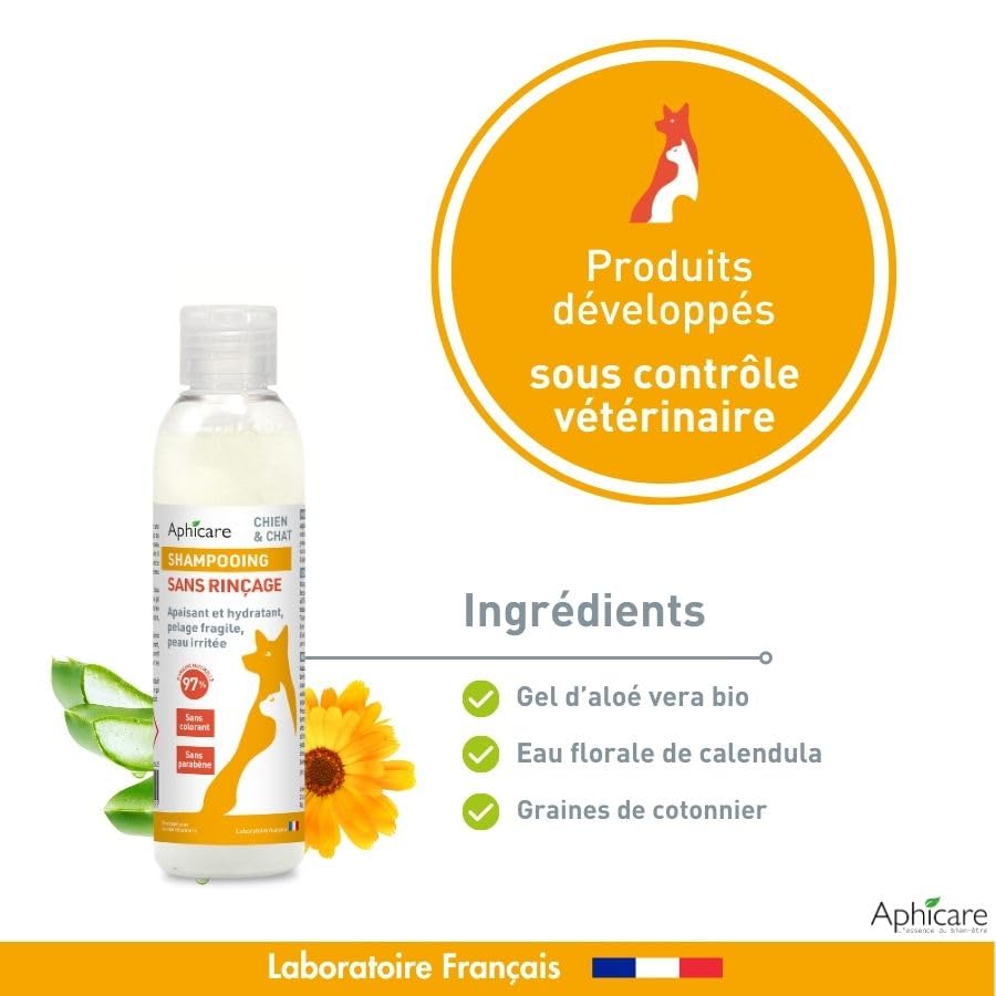Shampooing Doux sans rinçage - Chien et Chat - Apaisant et hydratant - Pelage Fragile - Peau irritée - 97 % d’Origine Naturelle - 200 ML - Fabrication française