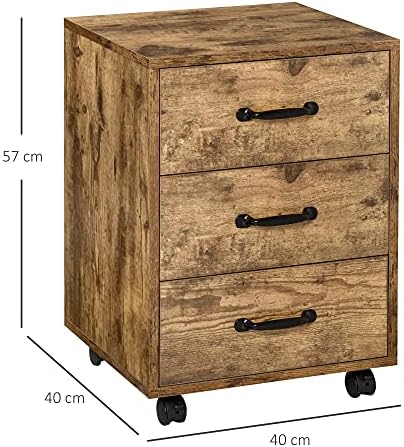 HOMCOM Rolling Storage Cabinet with 3 Drawers, Under Desk Mobile Home Office Organizer, Rustic Brown